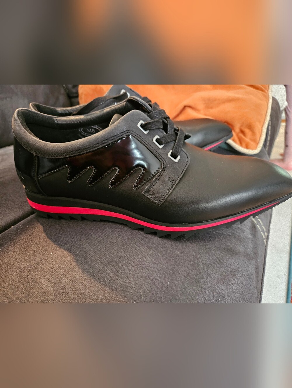 John Fluevog McNally Black/ Red Leather Lace-Up Shoes with Red Trim Size 8